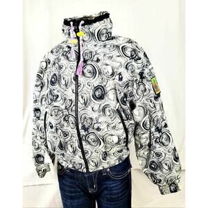 Ocean Pacific Womens Ski Jacket White Black Abstract Zip High Neck Drawstring XS